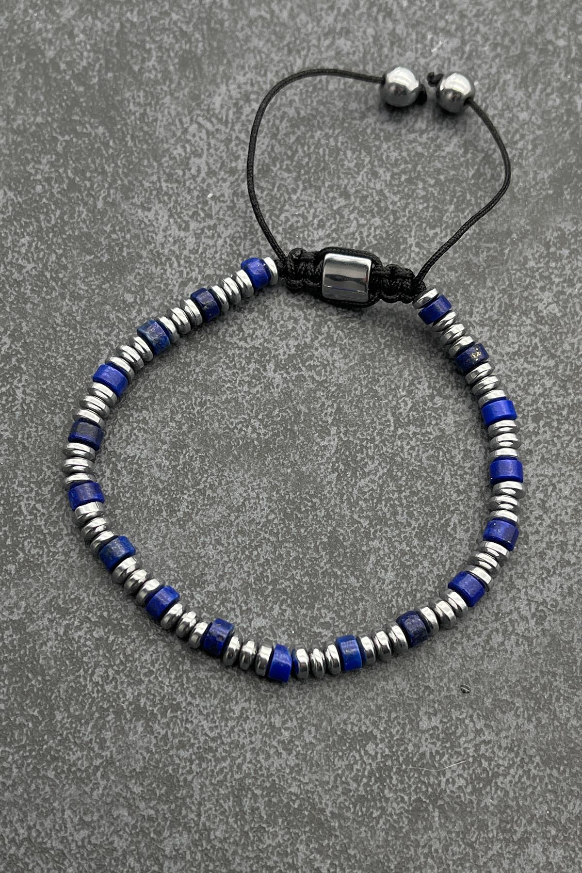 FRNCH Lapis Lazuli Doğal Taşlı Lacivert Renkli Ayarlanabilir Makrome Erkek Bileklik FRJ11431-1531-L