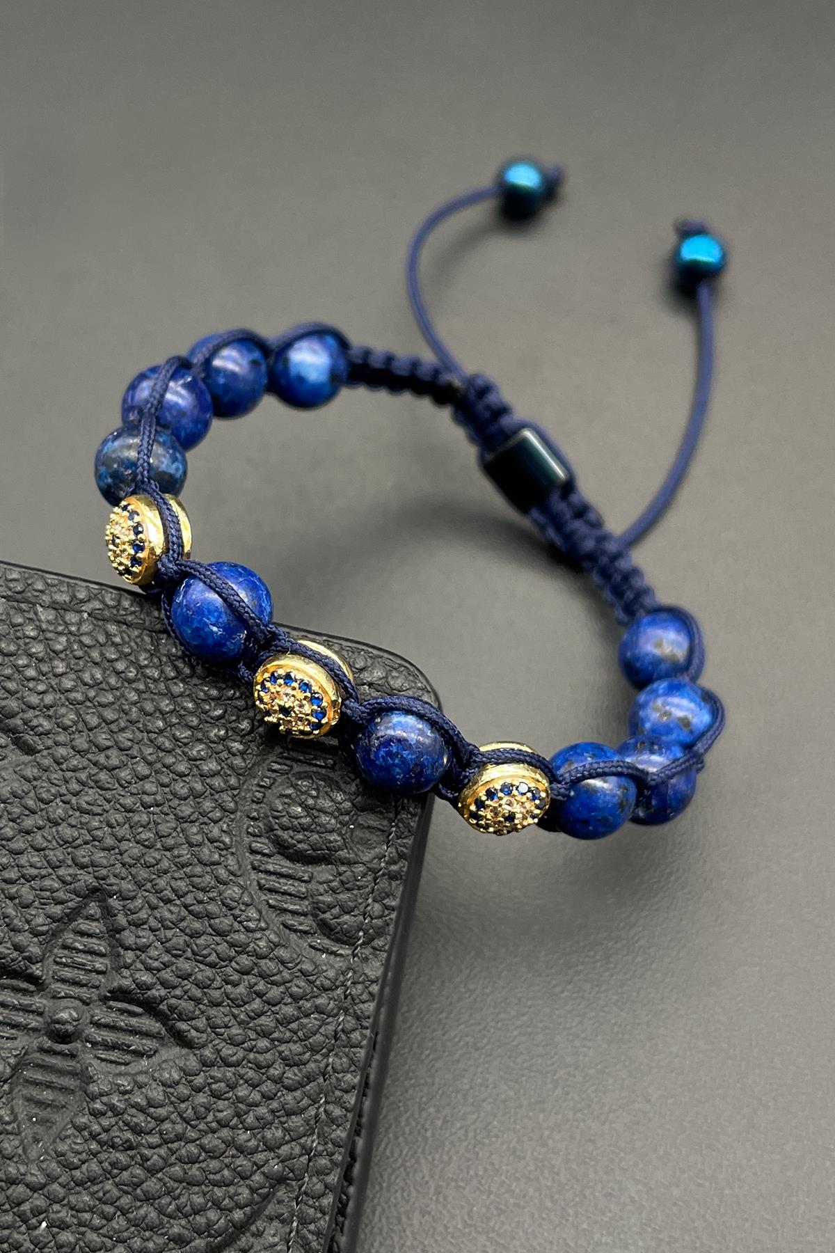 FRNCH Lapis Lazuli Doğal Taşlı Zirkon Parçalı Lacivert Renkli Erkek Bileklik FRJ11699-1799-L