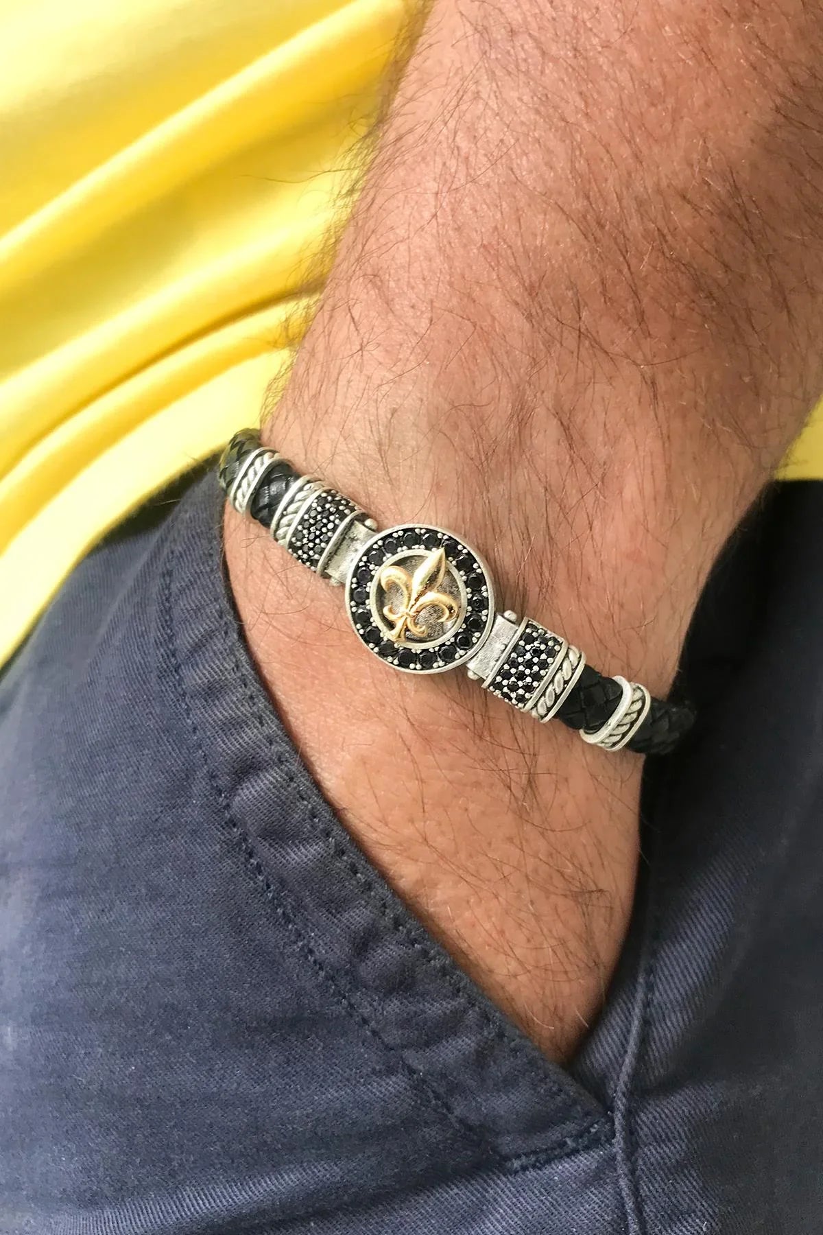 FRNCH Lilyum Figürlü Gerçek Deri Zirkon Taşlı Antik Gümüş-Gold Renk Erkek Bileklik FRJ11206-1306-A2G