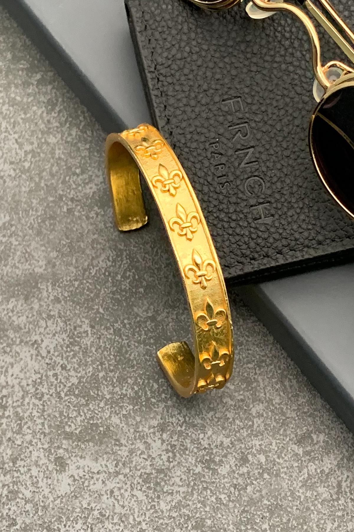 FRNCH Lilyum Figürlü Gold Renk Erkek Kelepçe Bileklik  FRJ11163-1263-G