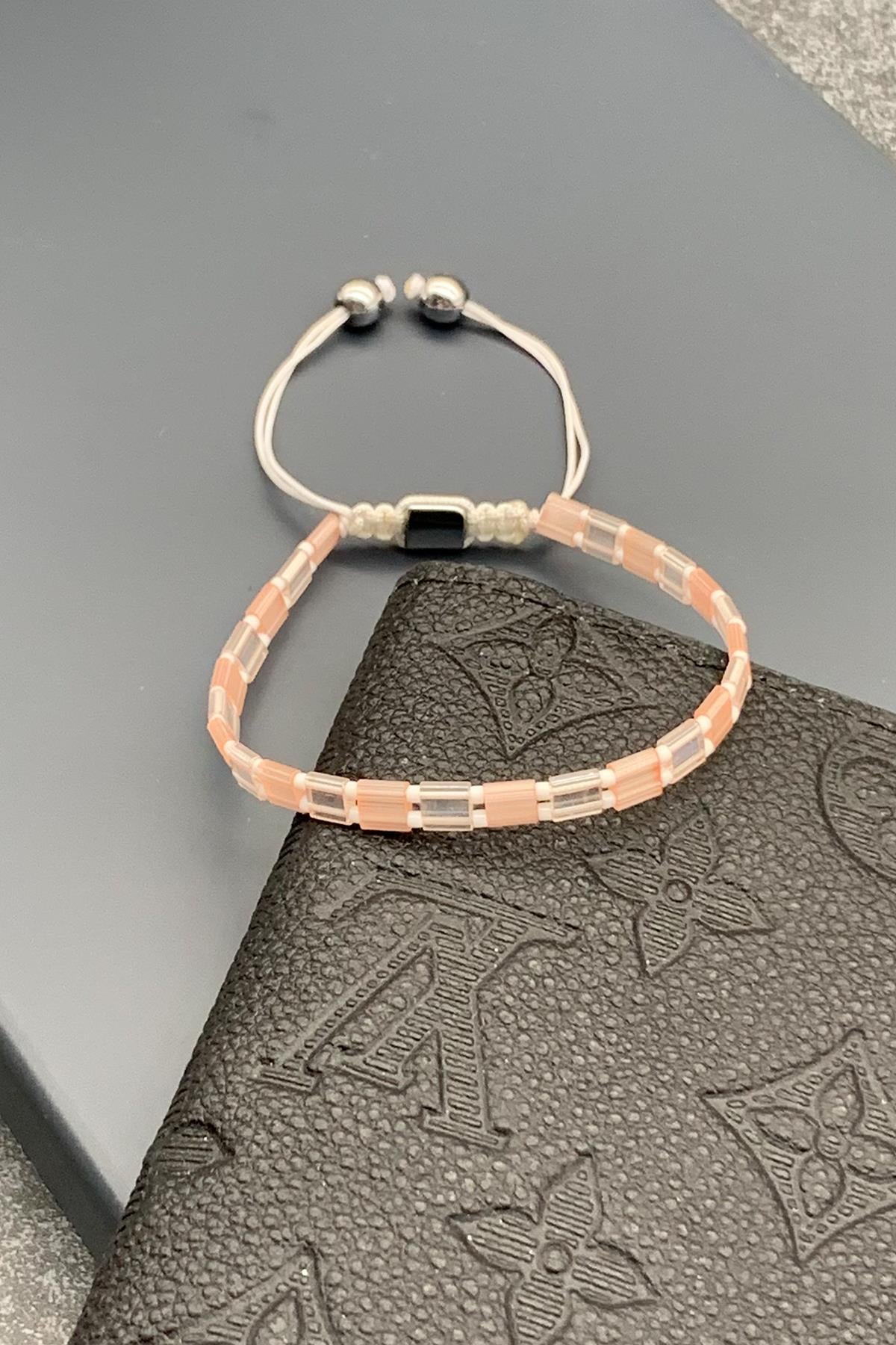 FRNCH Miyuki Tila Taşlı Pembe Renkli Ayarlanabilir Makrome Erkek Bileklik FRJ11503-1603-P