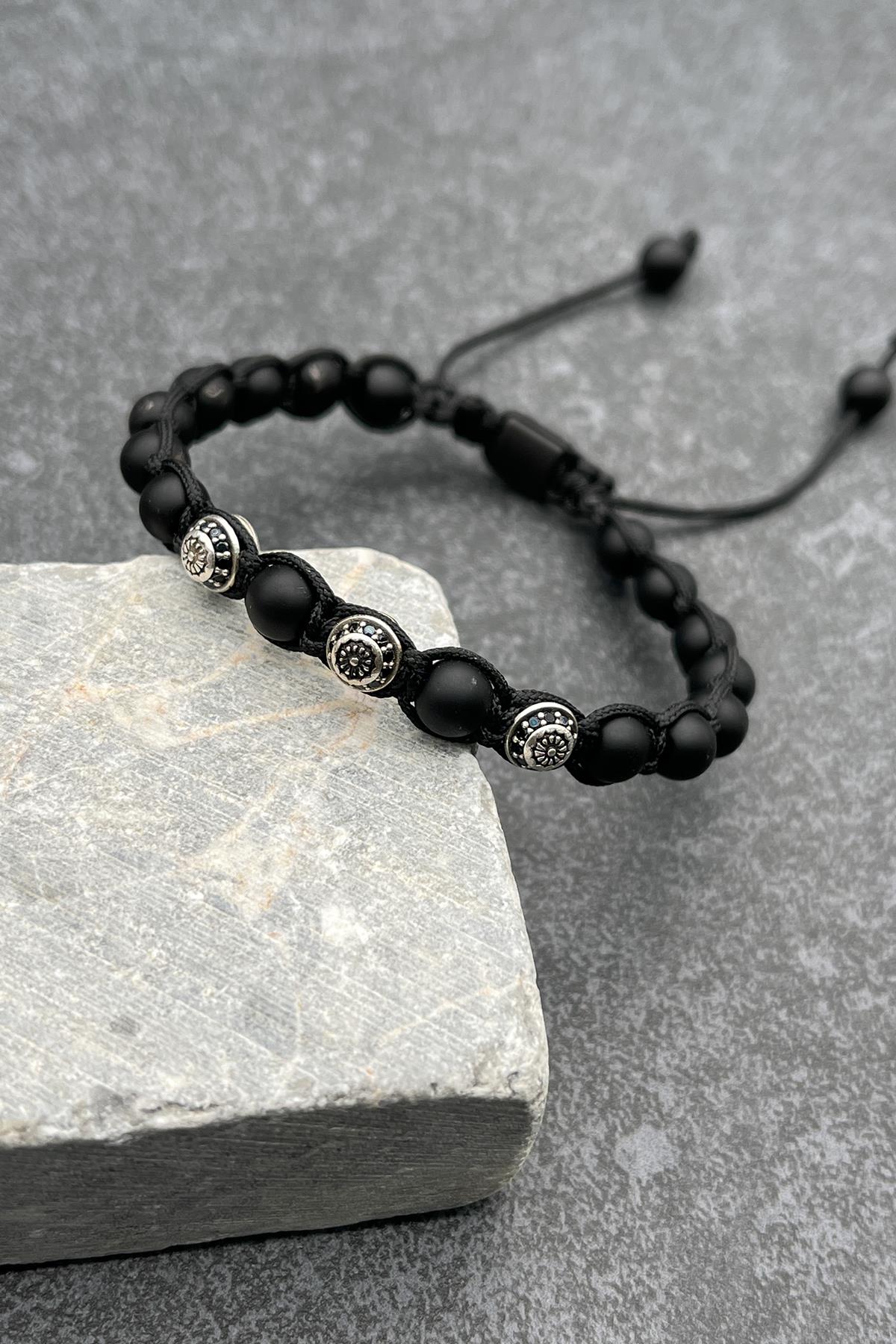 FRNCH Onyx Doğal Taşlı Zirkon Taşlı Siyah Renkli Ayarlanabilir Makrome Erkek Bileklik FRJ11469-1569-B2