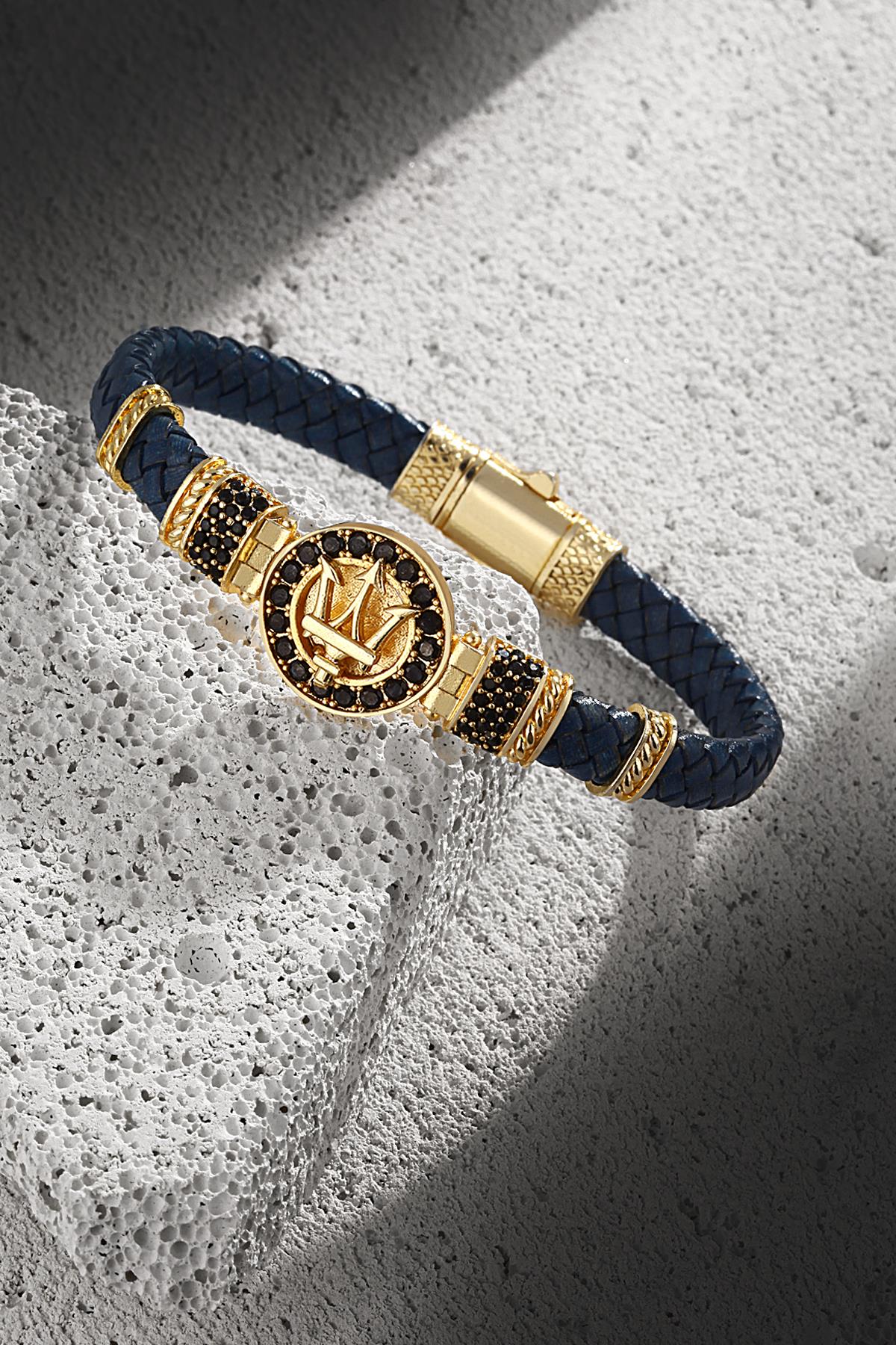 FRNCH Poseidon Figürlü Gerçek Deri Zirkon Taşlı Lacivert-Gold Renk Erkek Bileklik FRJ11203-1303-L2G