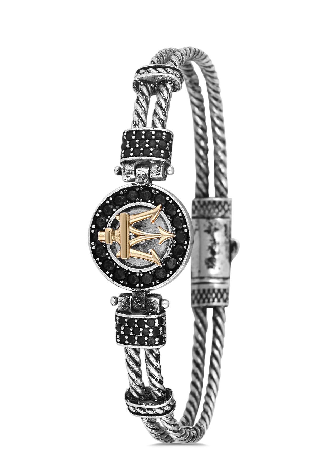 FRNCH Poseidon Figürlü Zirkon Taşlı Antik Gümüş-Gold Renk Handmade Erkek Bileklik FRJ11224-1324-A2G