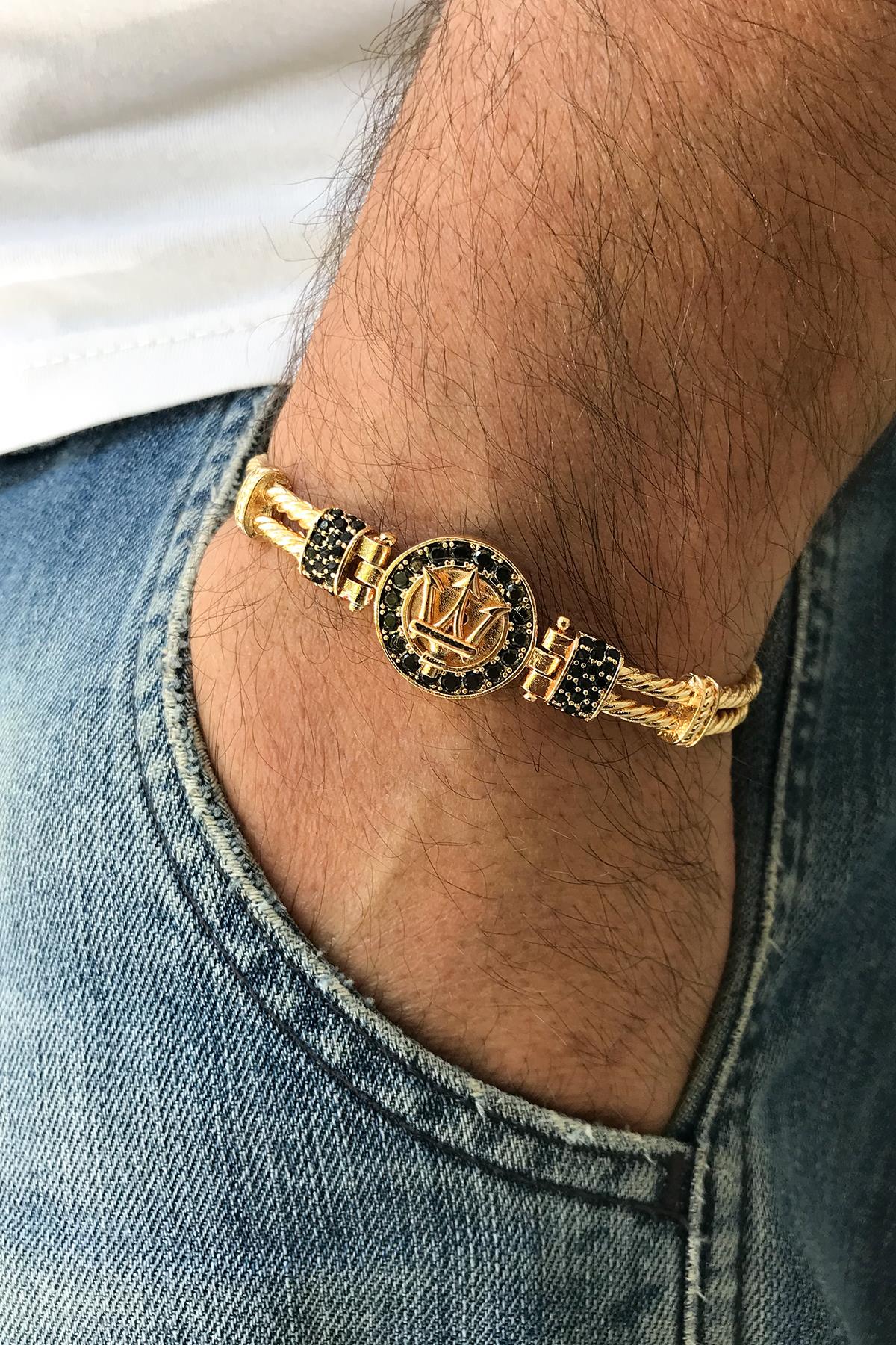 FRNCH Poseidon Figürlü Zirkon Taşlı Gold Renk Handmade Erkek Bileklik FRJ11224-1324-G