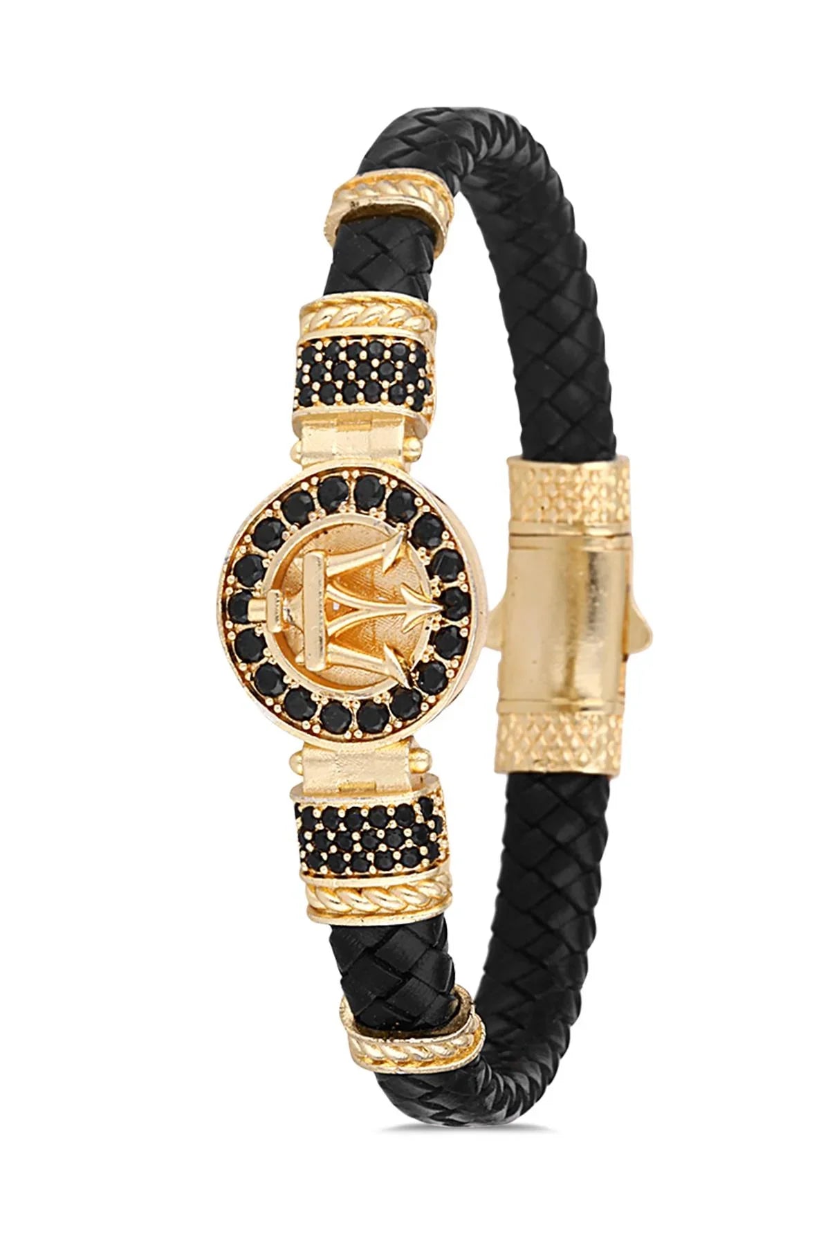 FRNCH Poseidon Figürlü Zirkon Taşlı Gold Renkli Gerçek Deri Erkek Bileklik FRJ11203-1303-G