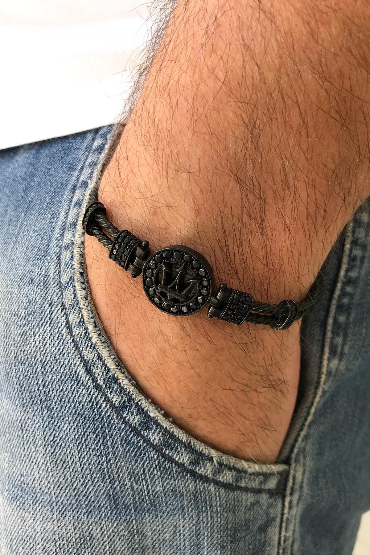 FRNCH Poseidon Figürlü Zirkon Taşlı Mat Siyah Renk Handmade Erkek Bileklik FRJ11224-1324-B2