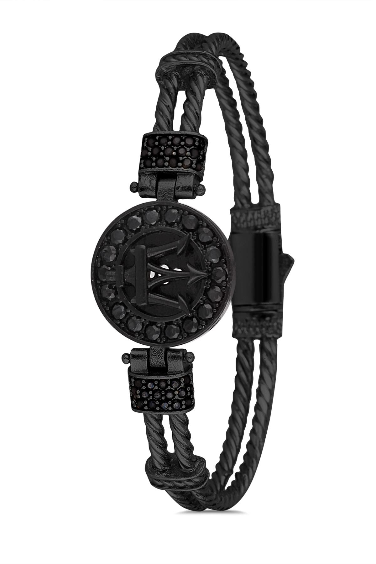 FRNCH Poseidon Figürlü Zirkon Taşlı Mat Siyah Renk Handmade Erkek Bileklik FRJ11224-1324-B2