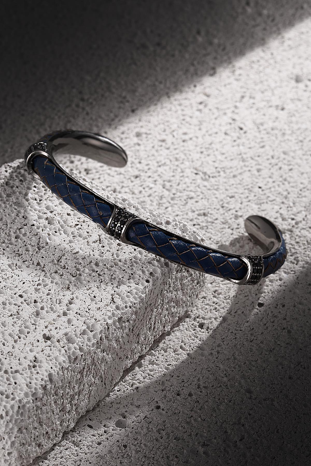 FRNCH Zirkon Taşlı Gerçek Deri Detaylı Handmade Kelepçe Erkek Bileklik FRJ11177-1277-BT