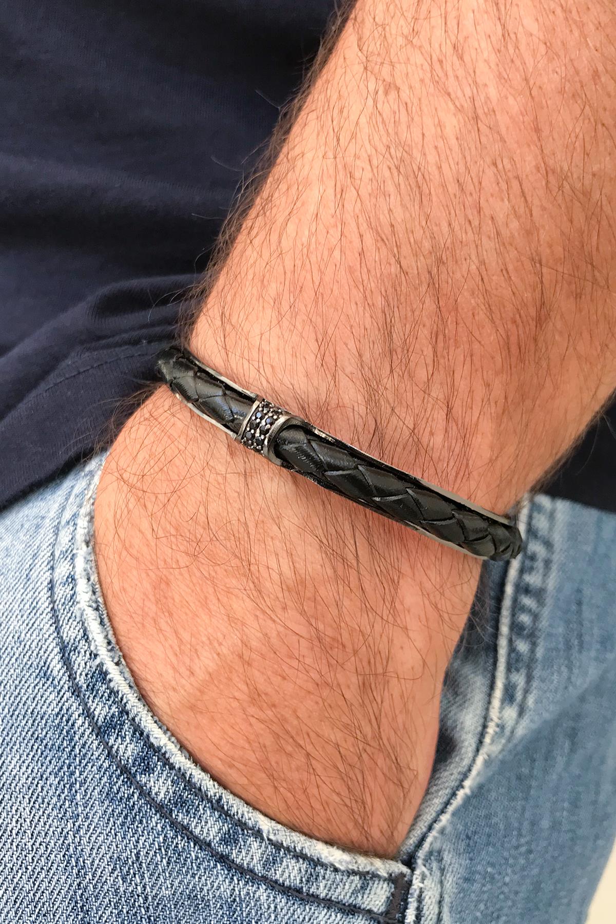 FRNCH Zirkon Taşlı Gerçek Deri Detaylı Handmade Kelepçe Erkek Bileklik FRJ11256-1356-B
