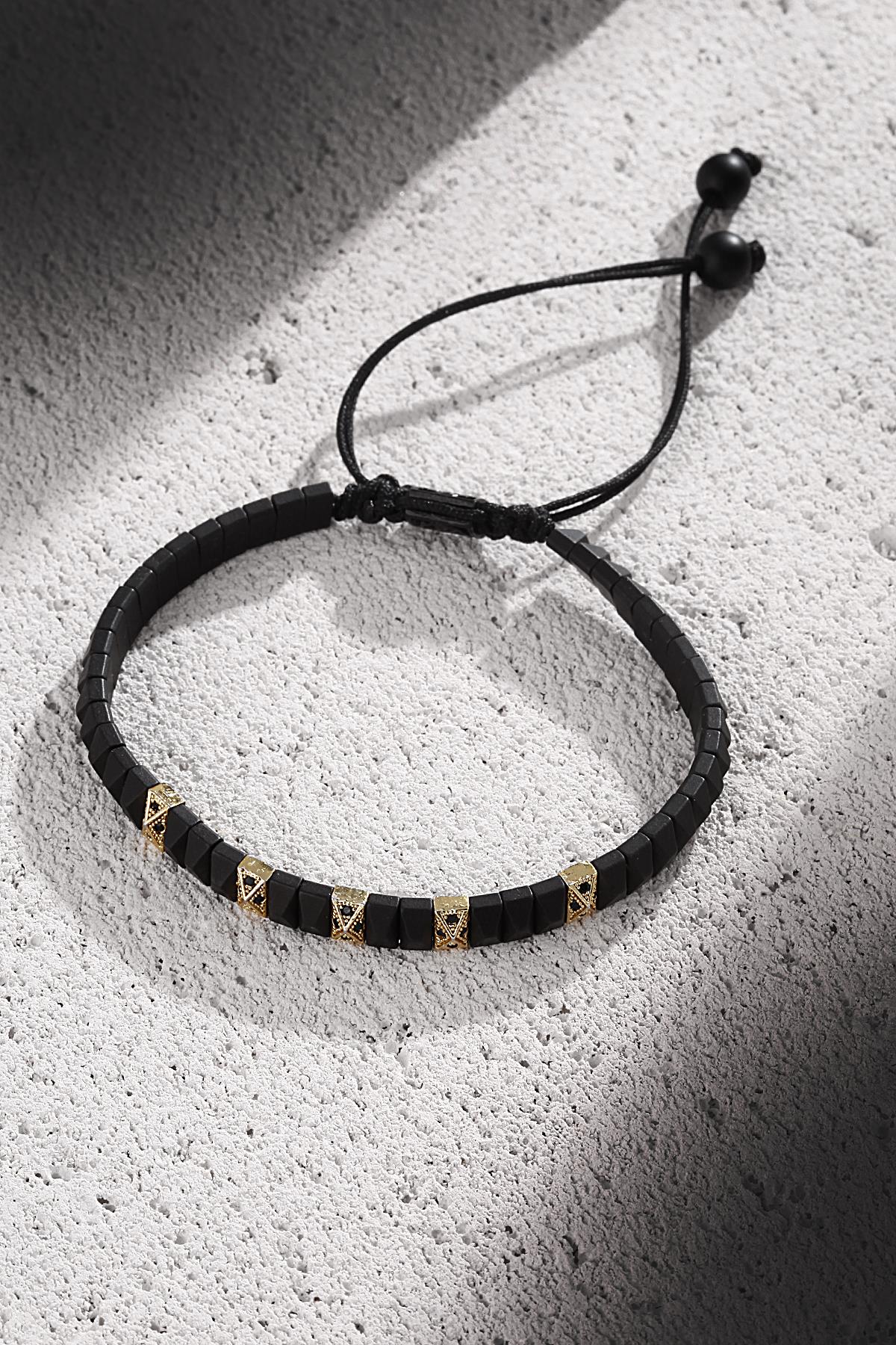 FRNCH Zirkon Taşlı Siyah-Gold Renkli Makrome Ayarlanabilir Erkek Bileklik FRJ11292-1392-G